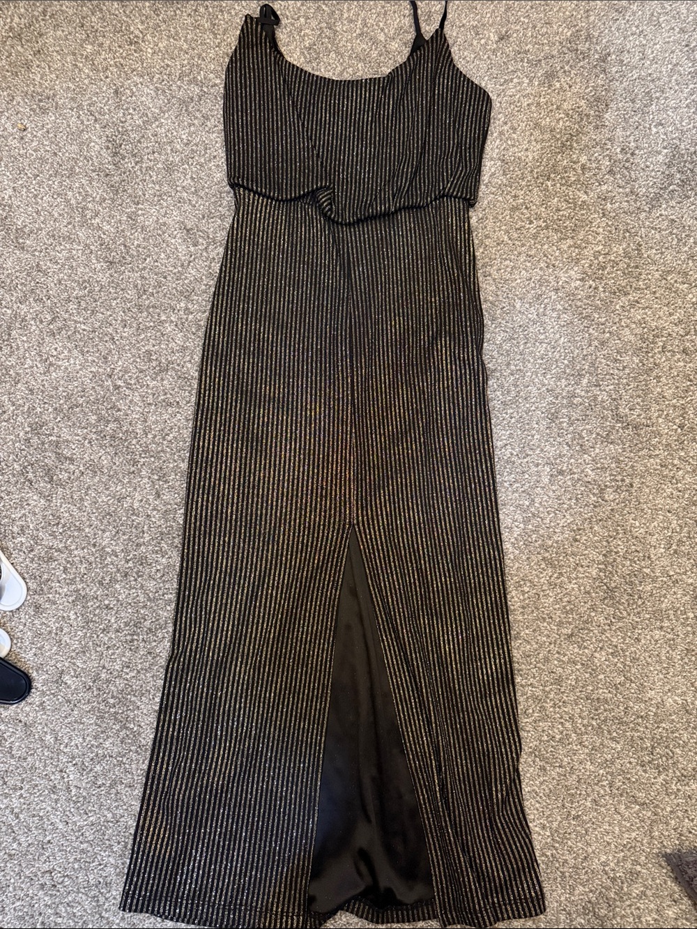 Lush Black Dress with Gold Pinstripes and Front Slit